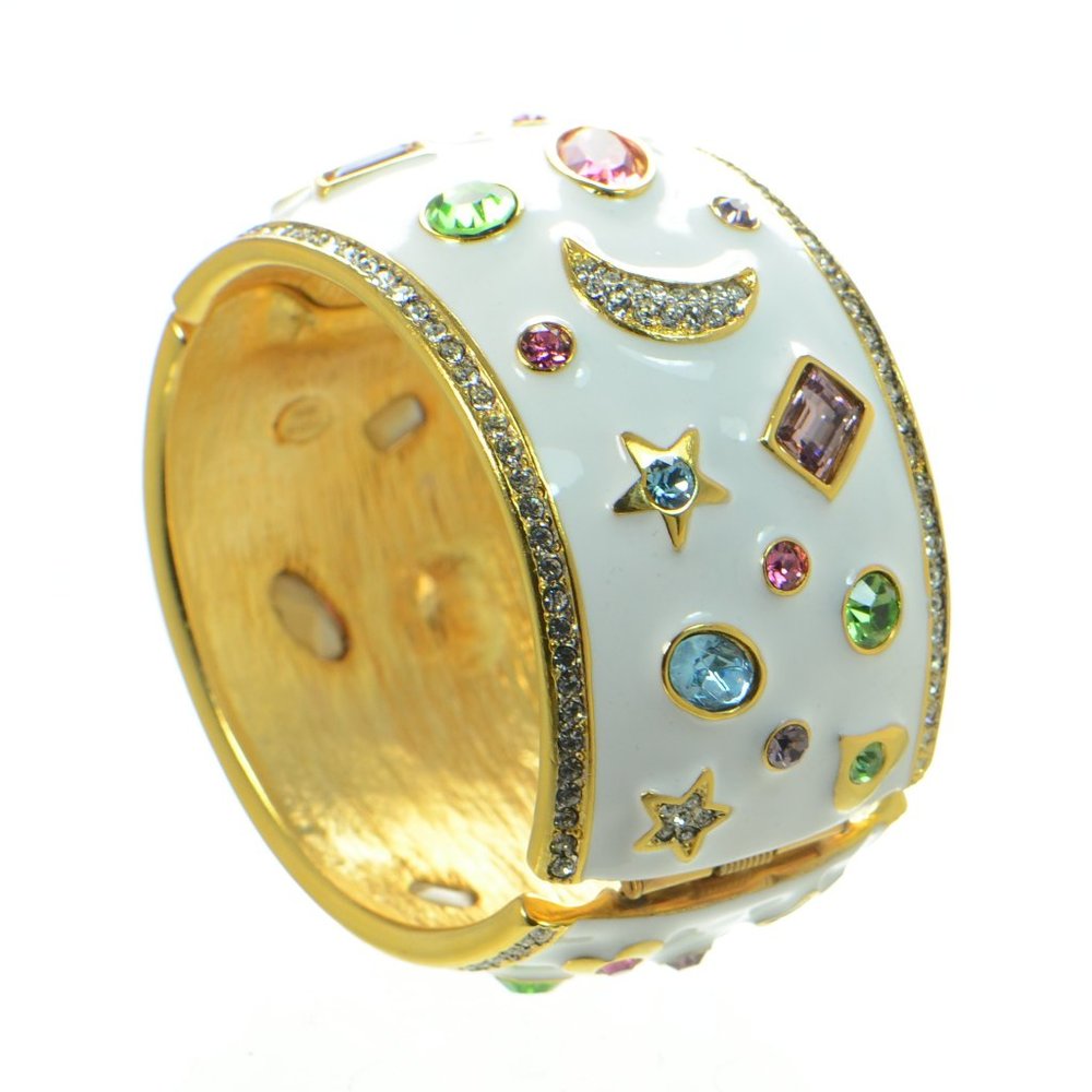 Kenneth Jay Lane KJL White Enamel Crystal Bangle Bracelet
